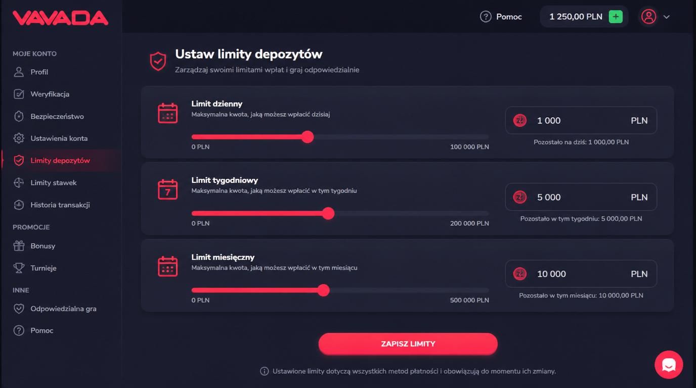 Interfejs limitu depozytu z ustawieniami dziennymi, tygodniowymi i miesięcznymi