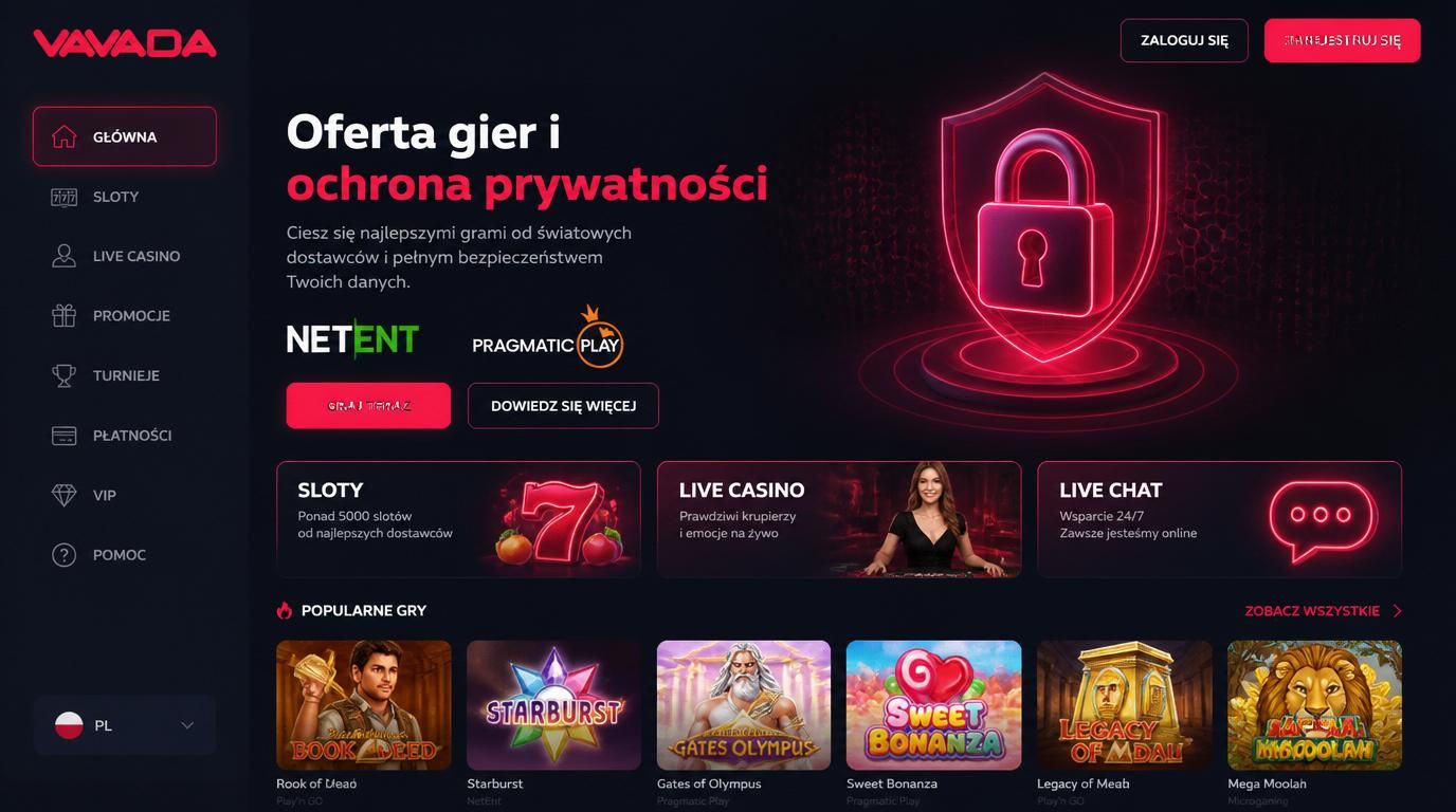 Interfejs kasyna z grafikami slotów i symbolem prywatności
